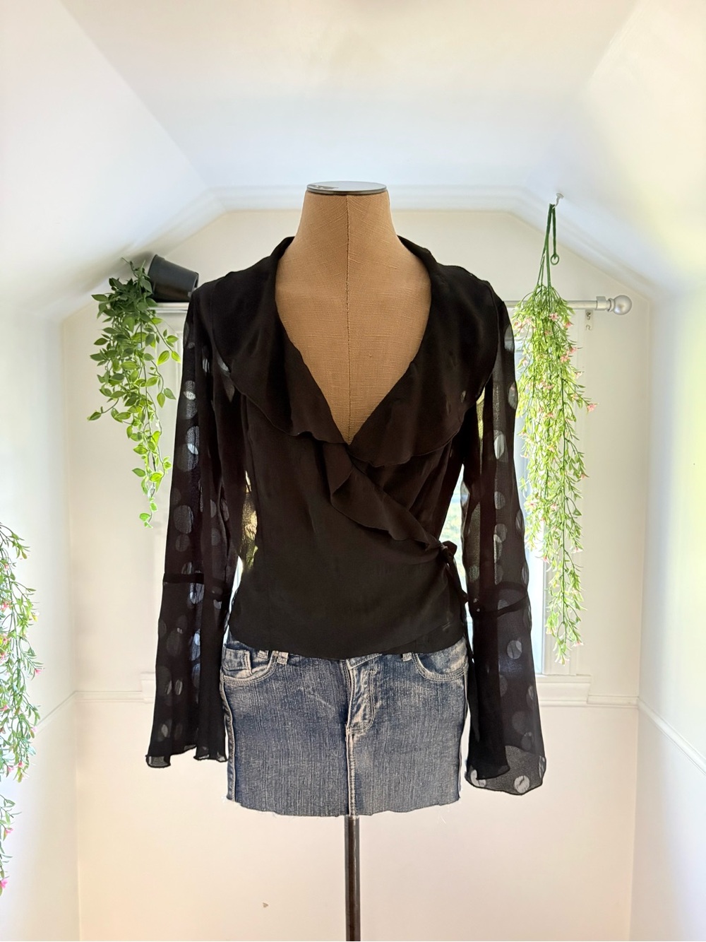 Black Sheer Polka Dot Wrap Blouse